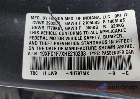 2017 Honda Civic Exl z USA, uszkodzony, nr VIN 19XFC1F7XHE210393